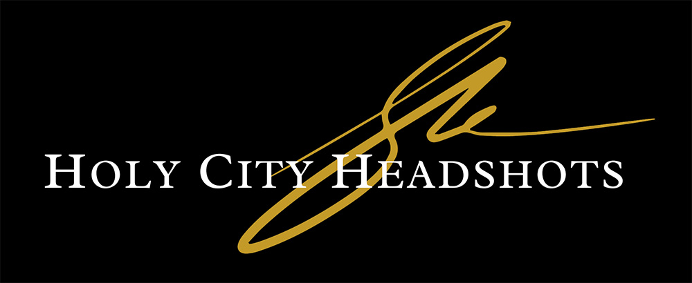 Holy City Headshots in white over a black background with a gold flourish